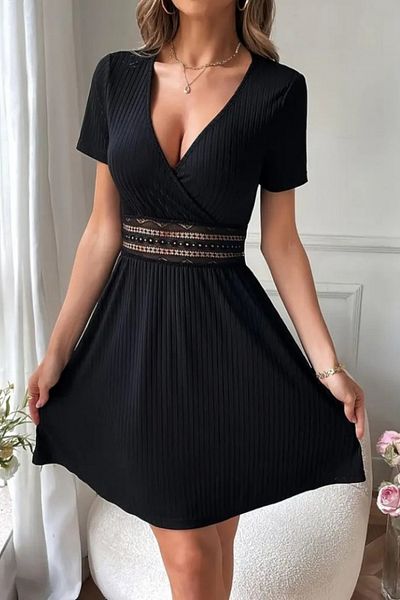 Viyamo Rochie de damă cu mâneci scurte, cu guler dublu, cu talie, din noua sezon