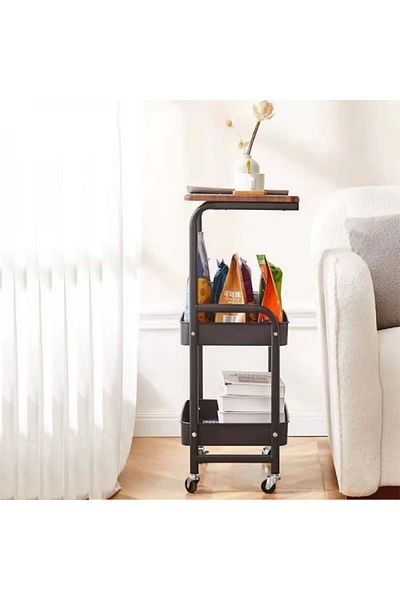 FOXMAG24 Portable coffee table with wheels, carbon steel, 2 shelves + work surface, 79×43×30 cm, black