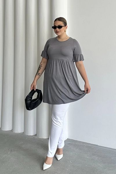 Stil Diva Plus Size Sleeve Detailed Elastic Waist Pleated Tunic T-Shirt T43