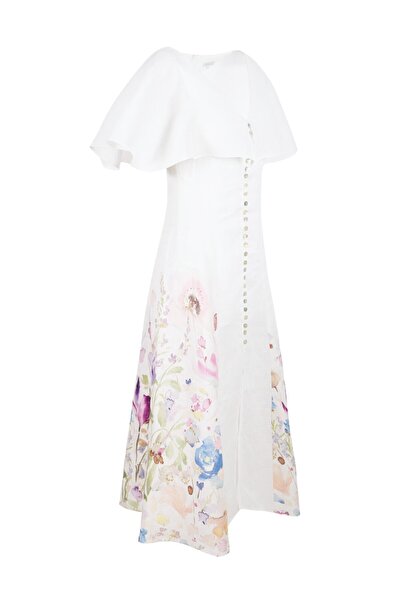 By Mare Style Heart Collar Floral Printed Midi Pure Linen Dress