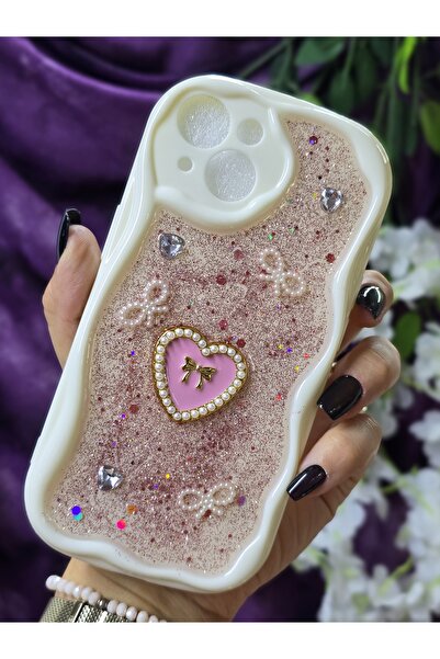 Magic Ring Iphone 15 Uyumlu Kalpli Pembe Simli İnci ve Kurdele Detaylı Şık Te...