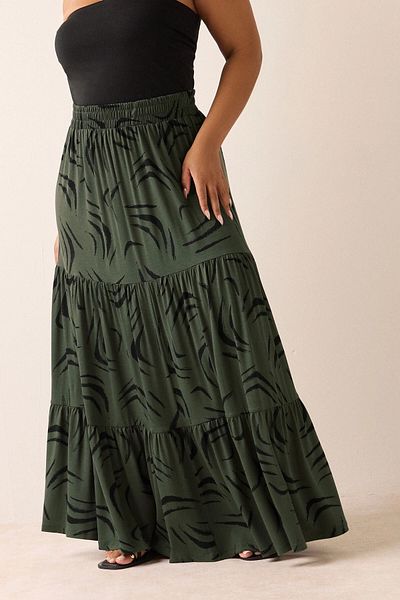Stil Diva Large Size Wrinkle Fabric Floral Patterned Elastic Waist Skirt 304236