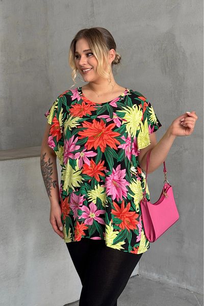 Stil Diva Plus Size Crew Neck Sleeves Ruffle Detail Floral Print Blouse 1060