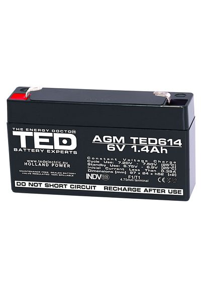 TED Electric Baterie Reincarcabila F1/T1 6V Stationara VRLA 1.4Ah AGM, Dimensiuni 97x24x52 mm, TED614