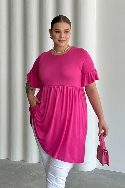 Stil Diva Plus Size Sleeve Detailed Elastic Waist Pleated Tunic T-Shirt T41