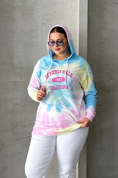 Stil Diva Large Size Tie-Dye Patterned Hooded Printed Thin Sweatshirt 303144