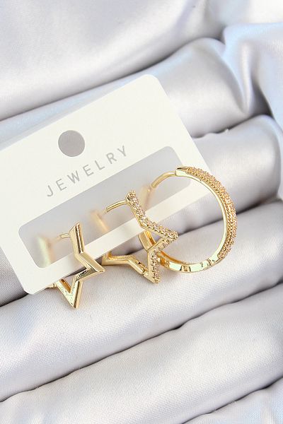 SeyCey.co Brass Zircon Stone Star and Ring Model Gold Color 3-Piece Double Women's Earring Set
