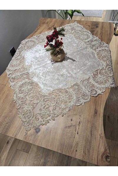 YALINSHOME lüx masa örtüsü fiskos örtüsü gold simli bej kadifeli (sütlü kahve) 90x90cm