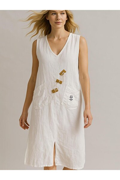 Butik İtalyan Keten Elbise - BEYAZ