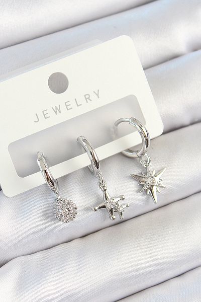 SeyCey.co Brass Zircon Stone Pole Star Model Silver Color 3-Piece Double Women's Earring Set