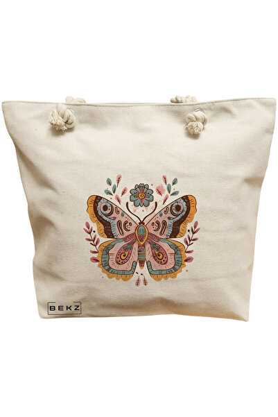 BEKZ Flower Butterfly Beach Tote Bag, 40x51 cm, Cream, BEKZ®