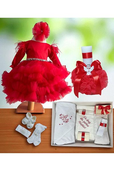Botez cu Alina Set botez Amira – rosu cu trena si volane