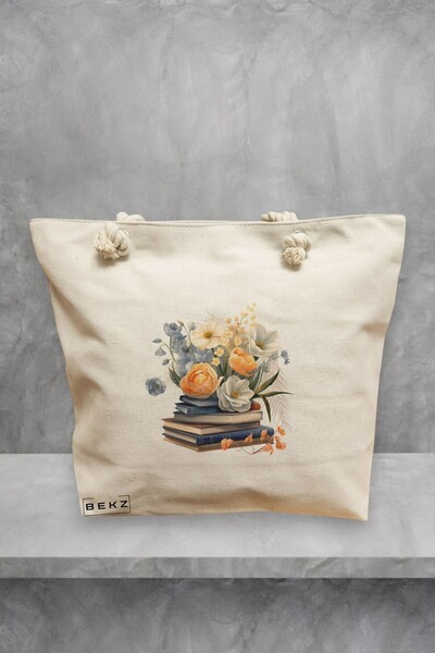 BEKZ Beach Tote Bag, Books and flowers 17 model, 40x51 cm, Cream, BEKZ®