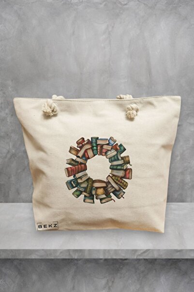 BEKZ Beach Tote Bag, Books and flowers 18 model, 40x51 cm, Cream, BEKZ®