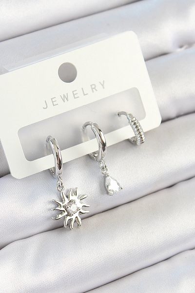 SeyCey.co Brass Zircon Stone Sun Model Silver Color 3-Piece Double Women's Earring Set