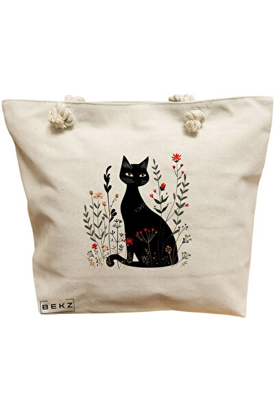 BEKZ Τσάντα Θαλάσσης, μοντέλο Cat and Flowers 5, 40x51 cm, Κρεμ, BEKZ®