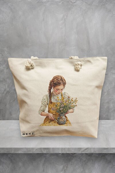 BEKZ Geantă de plajă, modelul Fata cu ghiveciul de flori, 40x51 cm, crem, BEKZ®