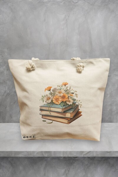 BEKZ Beach Tote Bag, Books and flowers 11 model, 40x51 cm, Cream, BEKZ®