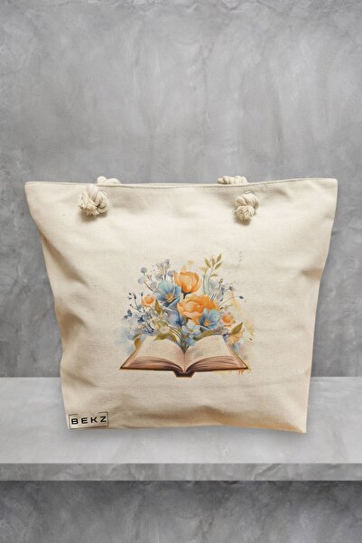 BEKZ Τσάντα παραλίας, Βιβλία και λουλούδια μοντέλο 14, 40x51 εκ., Κρεμ, BEKZ®