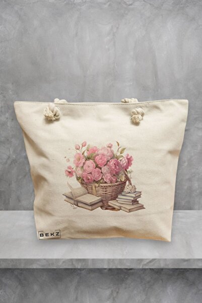 BEKZ Beach Tote Bag, Books and flowers 2 model, 40x51 cm, Cream, BEKZ®