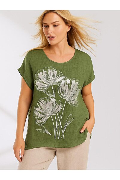 Butik İtalyan Çiçek Desenli Keten Bluz - YEŞİL