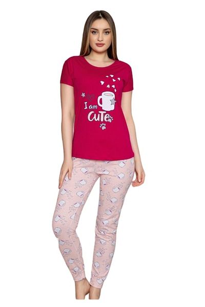 pamuklu Set pijama bluza si pantalon, imprimeu cu text 'I am cute', culoare bordo, S