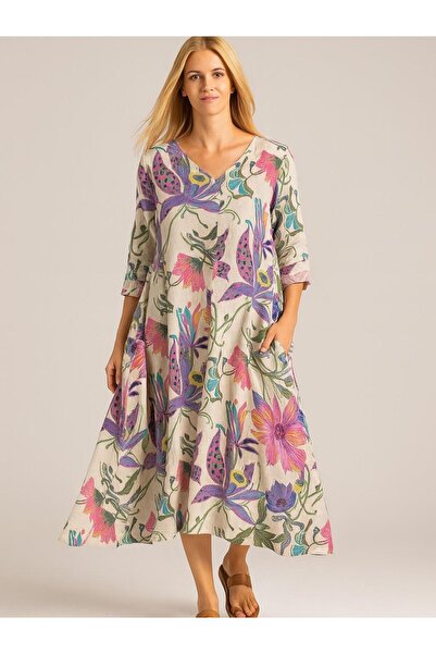 Butik فستان كتان منقوش بالزهور الإيطالية - بيج