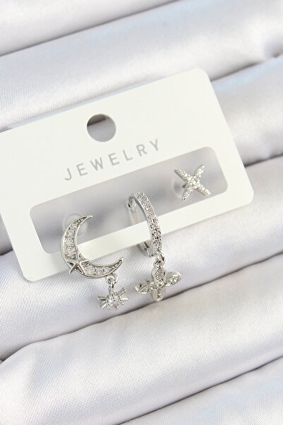 Skygo Ieg ™   Brass Zircon Stone Flower and Moon Model Silver Color 3-Piece P...