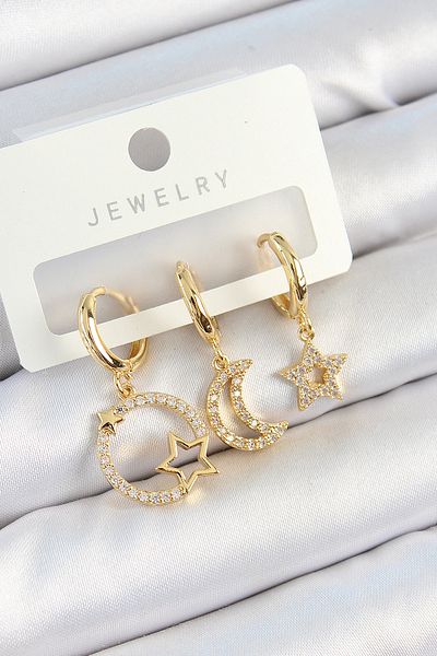 SeyCey.co Brass Zircon Stone Star and Moon Model Gold Color 3-Piece Double Women's Earring Set
