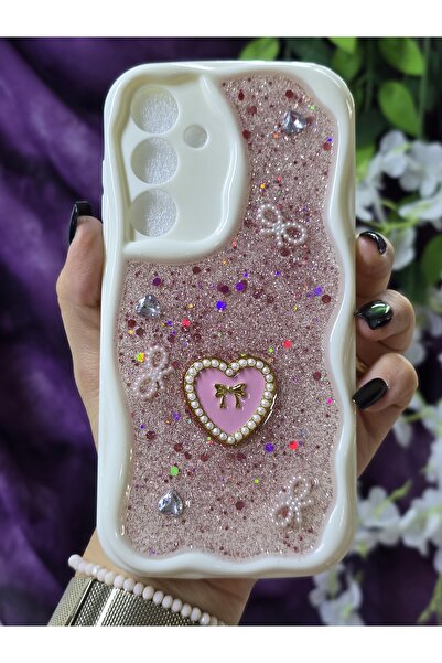 Magic Ring Samsung Galaxy S25 FE Uyumlu Kalpli Pembe Simli İnci ve Kurdele De...