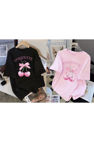 LG LAGULER Vestiti Coquette Cherry Printed Pink and Black Summer Oversize Combed T-Shirt