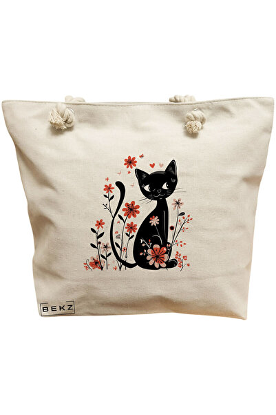 BEKZ Τσάντα Θαλάσσης, Γάτα και Λουλούδια μοντέλο 8, 40x51 εκ., Κρεμ, BEKZ®
