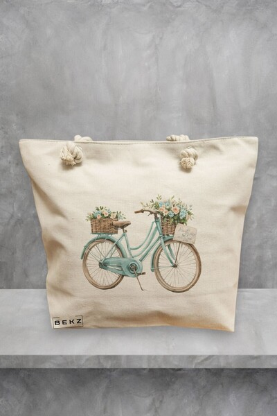 BEKZ Τσάντα Θαλάσσης, μοντέλο μπλε ποδήλατο και λουλούδια, 40x51 εκ., Κρεμ, B...