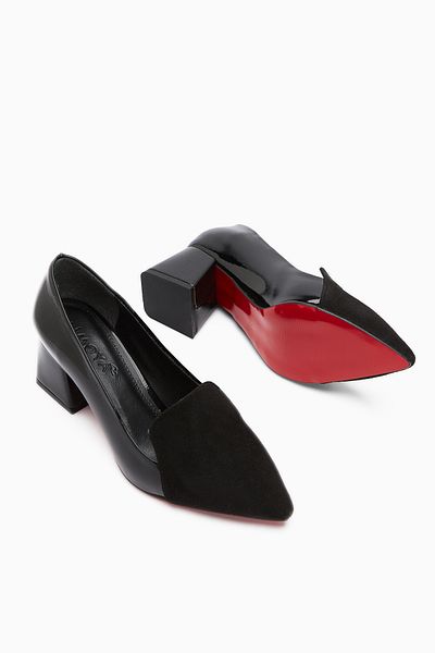 Limoya Gisela Black Suede Detailed Patent Leather Heeled Women's Shoes