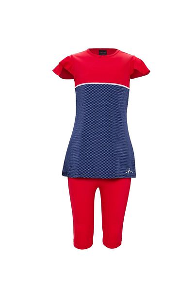 Haşema Short Sleeve Red Navy Blue Girl's 2 Piece Swimsuit Set 3086