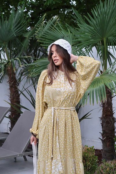 sharin Women's Yellow Floral Print Waist Belted Judge Collar Long Dress 10B-8927