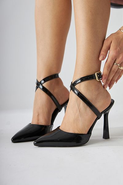 Limoya Elsi Black Patent Leather Ankle Strap Women's Heeled Shoes