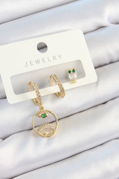 SeyCey.co Brass Zircon Stone Eye and Owl Model Gold Color 3-Piece Double Women's Earring Set