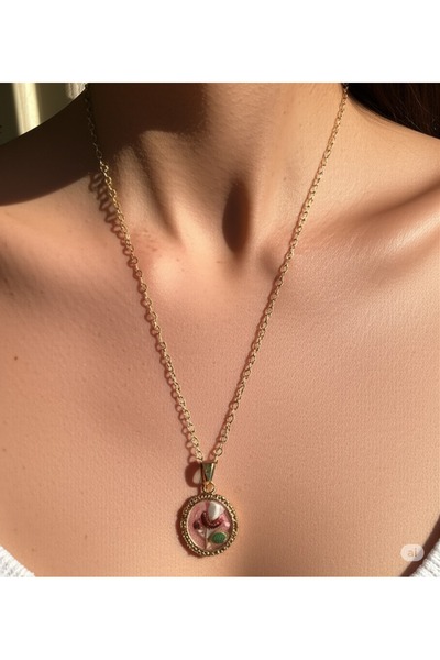 Esra Butik Hane Gold Color Round Flower Patterned Elegant Necklace - Romantic Gift