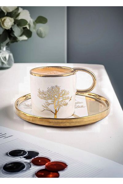 CEZVE HOME Violet 6-person tree of life patterned gold gilded porcelain coffee cup set white