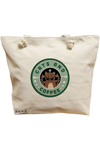 BEKZ Τσάντα Θαλάσσης, μοντέλο Cats and Coffee, 40x51 εκ., Κρεμ, BEKZ®