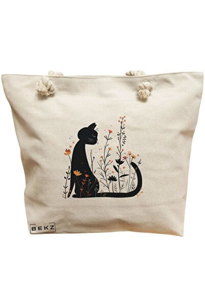 BEKZ Τσάντα Θαλάσσης, Γάτα και Λουλούδια 1 μοντέλο, 40x51 cm, Κρεμ, BEKZ®