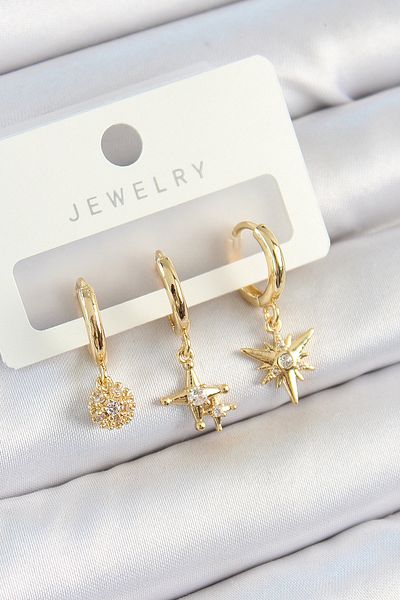 SeyCey.co Brass Zircon Stone Star Model Gold Color 3-Piece Double Women's Earring Set