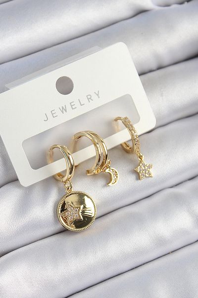 SeyCey.co Brass Zircon Stone Star and Moon Model Gold Color 3-Piece Double Women's Earring Set
