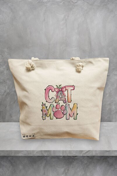 BEKZ Τσάντα Θαλάσσης, μοντέλο Cat Mom 2, 40x51 cm, Κρεμ, BEKZ®