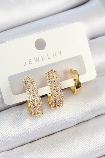 SeyCey.co Brass Zircon Stone Drop Model Gold Color 3-Piece Double Women's Earring Set