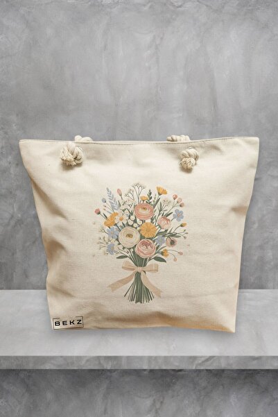 BEKZ Τσάντα Θαλάσσης, μοντέλο Flowers 22, 40x51 cm, Κρεμ, BEKZ®
