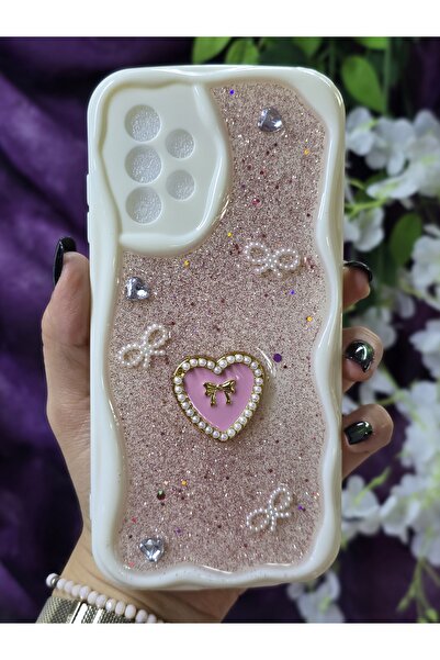 Magic Ring Samsung Galaxy A52 Uyumlu Kalpli Pembe Simli İnci ve Kurdele Detay...