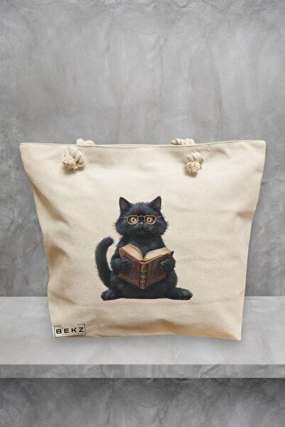 BEKZ Τσάντα Θαλάσσης, μοντέλο Reading cat 10, 40x51 cm, Κρεμ, BEKZ®