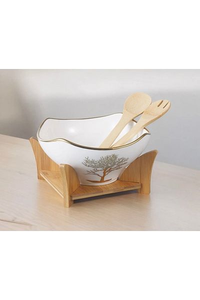 CEZVE HOME Porcelain Round Salad Bowl Set with Bamboo Stand and Gold Detail Serving Bowl